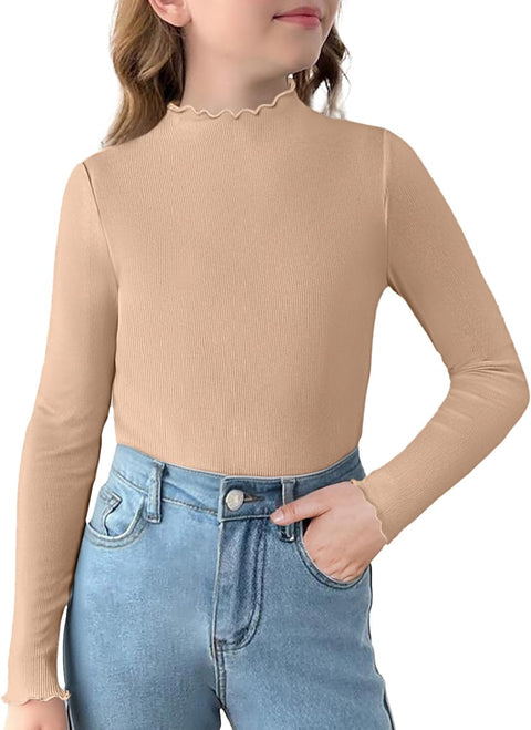 Arshiner Girls Lettuce Trim Mock Neck Ribbed Knit Tops