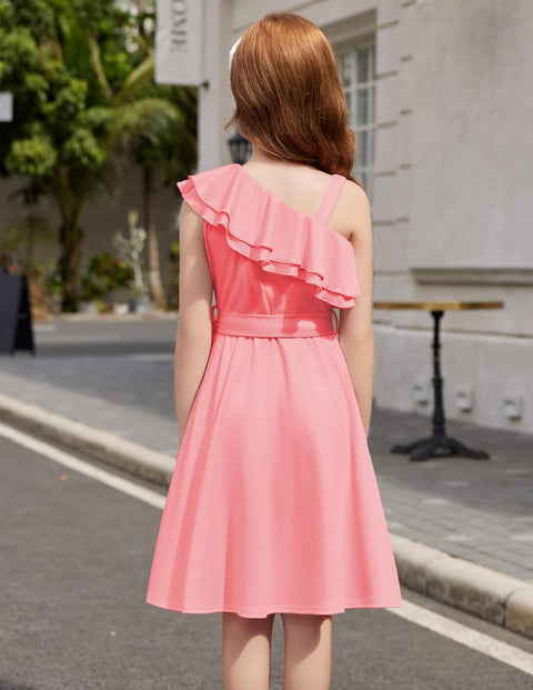[5Y-12Y] Arshiner Girls Dress One Shoulder Formal Ruffle Trim Party Dresses