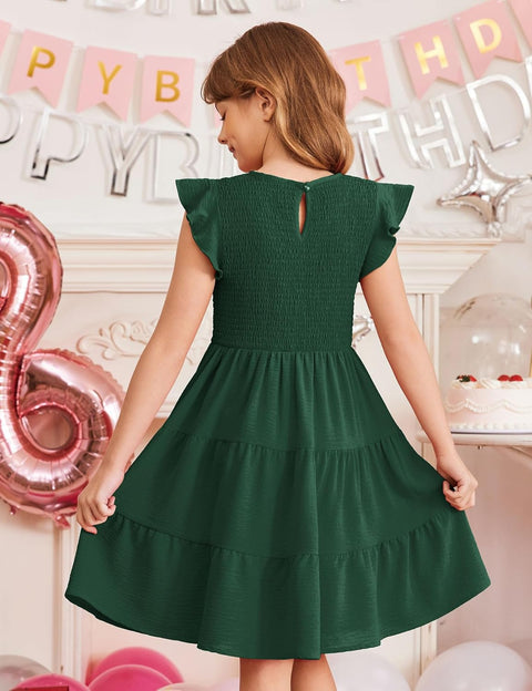 Arshiner Girls Dress Ruffle Sleeve Smocked Tiered Sundress