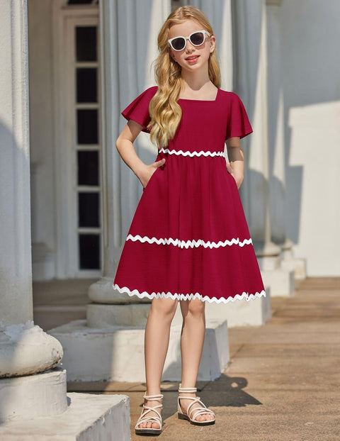 Arshiner Girls Dress Flutter RIC Rac Tiered Short Sleeve Dresses with Pockets