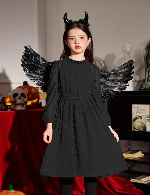 Arshiner Girls Dress Long Sleeve Swiss Dot Ruffle Collar Flowy A-Line Party Dress for Kids 5-13Y