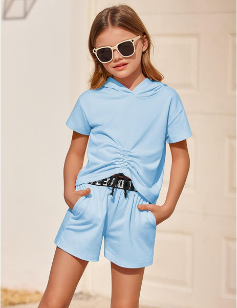 Arshiner Girls 2 Piece Outfits Sets Short Sleeve Drawstring Hoodie and Shorts