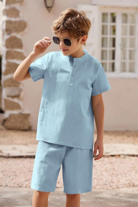 Arshiner Boy's 2 Pieces Cotton Linen Set Casual Henley Shirts Short Sleeve Beach Shorts Summer Outfits