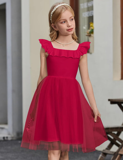 Arshiner Girls Dresses Square Neck Ruffle Sleeve Tulle Dress 6-14 Years