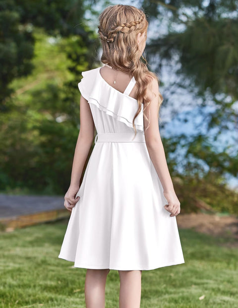[5Y-12Y] Arshiner Girls Dress One Shoulder Formal Ruffle Trim Party Dresses