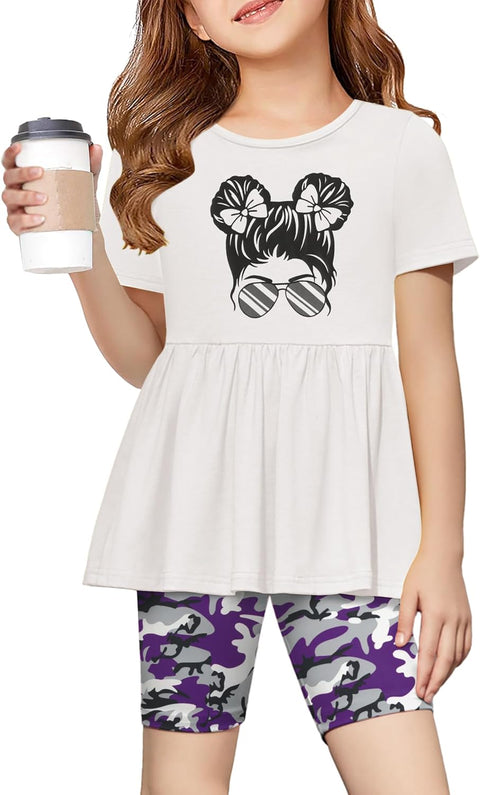 Arshiner Girls Summer Outfits Short Sleeve Ruffle Hem Top and Biker Shorts Set Girl Clothes 6-14 Years