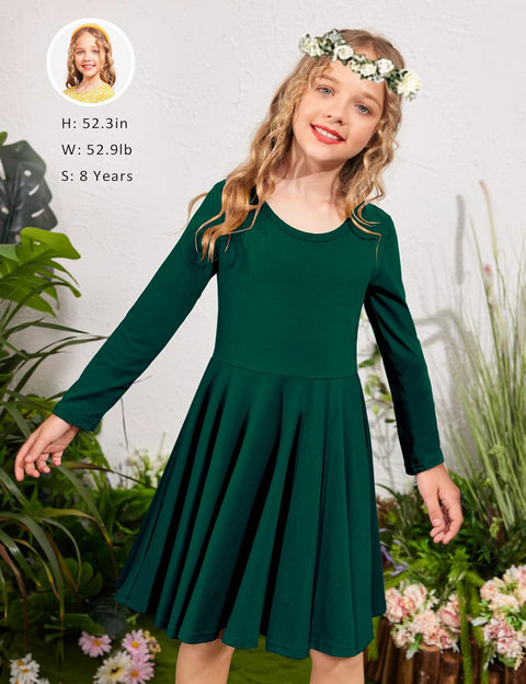 Arshiner Girls Long Sleeve Stretchy Dress A line Twirly Skater School Party Dress