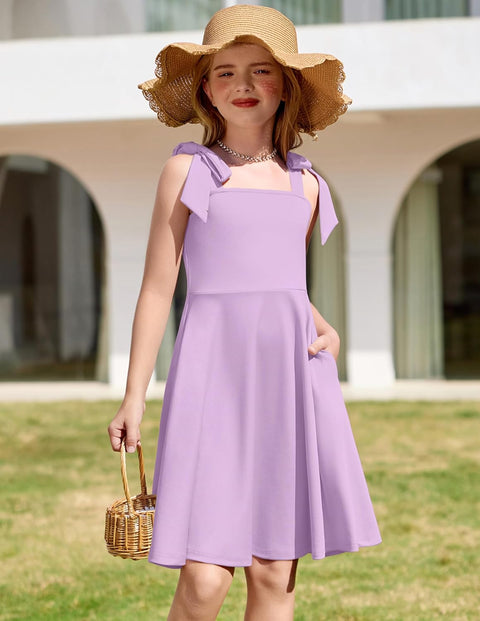 [6Y-11Y] Arshiner Girls Dress Tie Strap Solid Color Party Dresses
