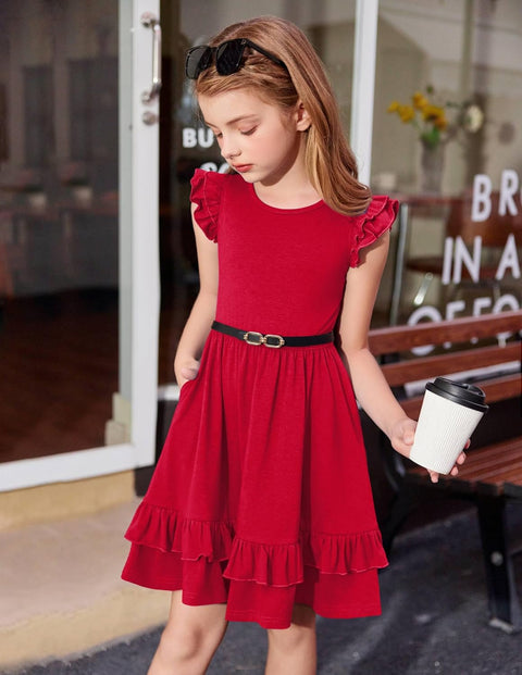 Arshiner Girls Dress Tween Boho Flutter Sleeve Tiered A Line Dresses