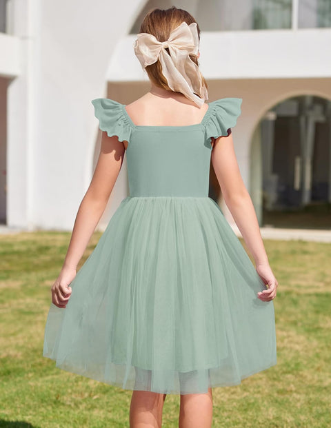 Arshiner Girls Dresses Square Neck Ruffle Sleeve Tulle Dress 6-14 Years