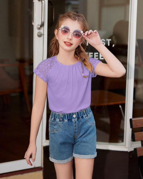 Arshiner Girls Shirts Short Sleeves Lace Pleated Kids Tops