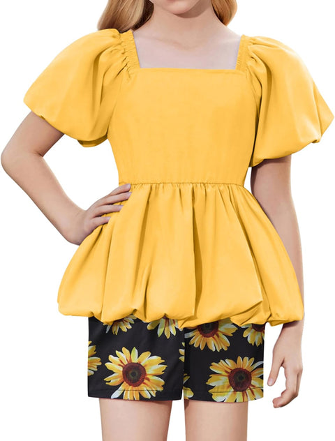 Arshiner Girls 2 Piece Sets Puffed Sleeve Bubble Hem Tops and Short Set