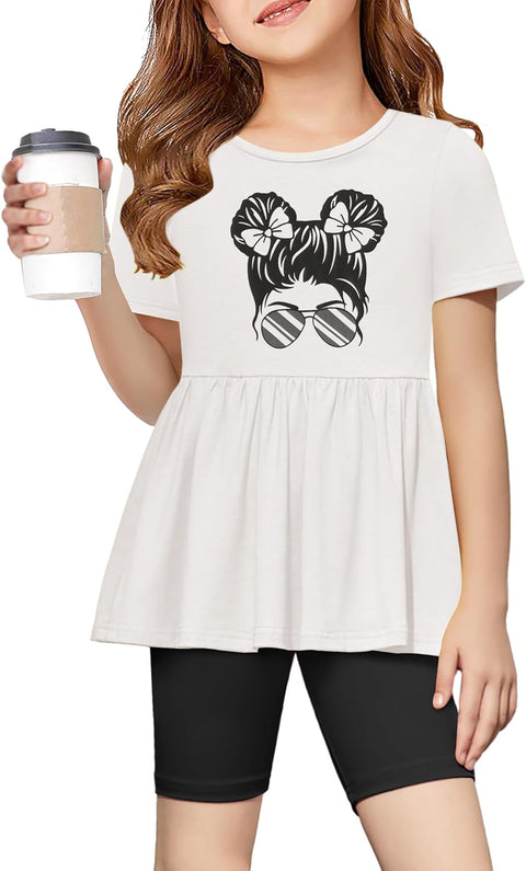 Arshiner Girls Summer Outfits Short Sleeve Ruffle Hem Top and Biker Shorts Set Girl Clothes 6-14 Years