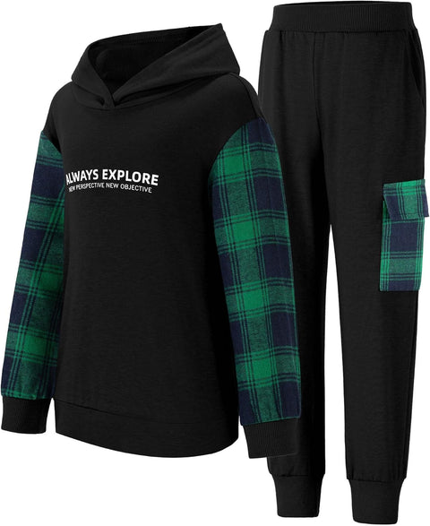 Arshiner Boys Plaid & Letter Graphic Hoodie Sweatshirt and Sweatpants