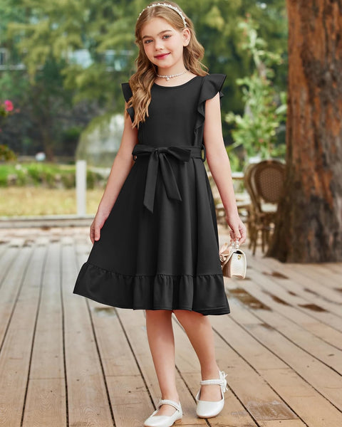 Arshiner Girls Belted Pockets Flutter Sleeve A-line Dresses