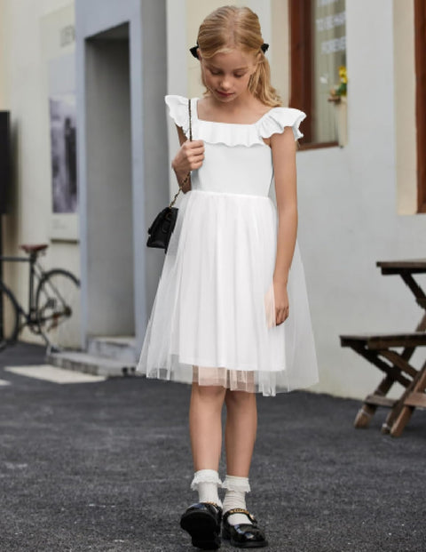 Arshiner Girls Dresses Square Neck Ruffle Sleeve Tulle Dress 6-14 Years