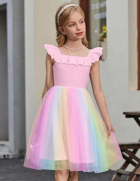 Arshiner Girls Dresses Square Neck Ruffle Sleeve Tulle Dress 6-14 Years