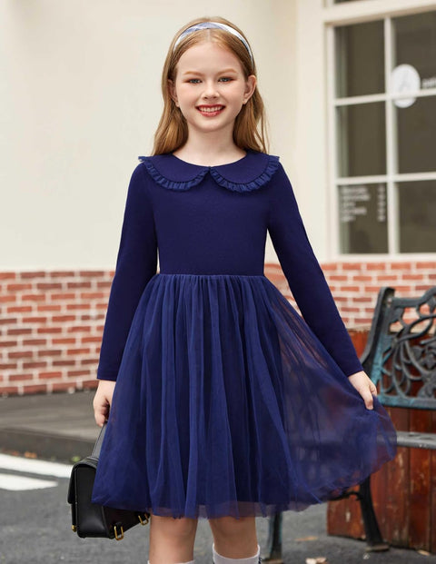 Arshiner Tutu Dress Girls Long Sleeve Peter Pan Collar Party Dresses