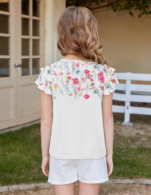 Arshiner Girls T Shirts Ruffle Short Sleeve Pleated Casual Tops
