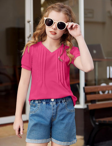 Arshiner Girls Puff Short Sleeve Shirts Pleated Tunic Top