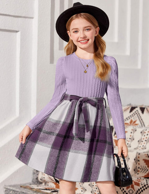 Arshiner Girls Dresses Puff Long Sleeve Rib Knit Plaid Belted Dress