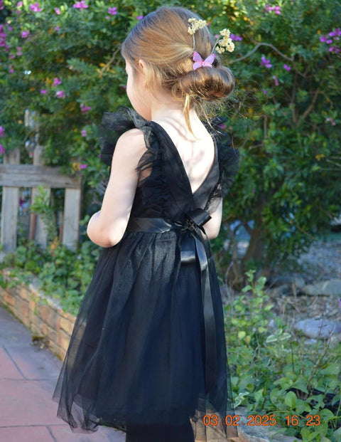 【2-8Y】Arshiner Toddler Dress Ruffle Sleeve V-Back Tie Waist Girl Dresses