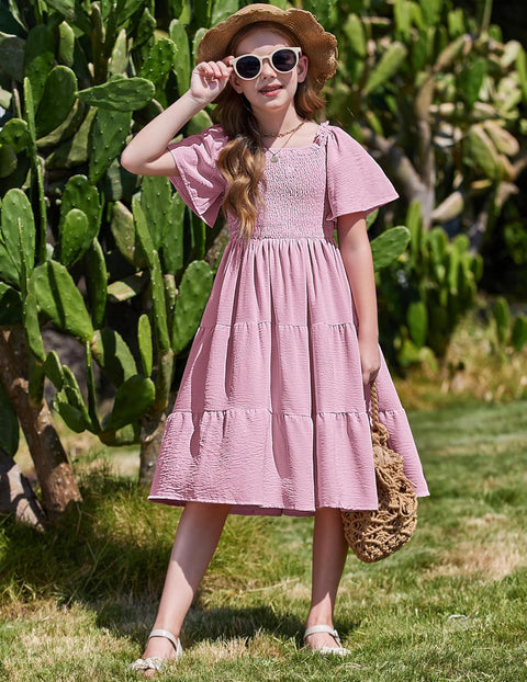Arshiner Girls Dress Boho Smocked Swing Flowy Ruffle Midi Dresses