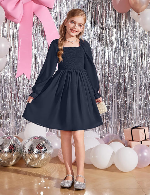 Arshiner Girls Long Sleeve Smocked Skater Elegant Dress with Pockets