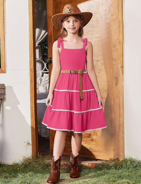 Arshiner Girl's Sundresses Boho Tie Shoulder Cami Midi Tiered Dresses