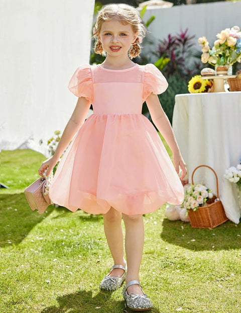 Arshiner Girls Dress Contrast Mesh Puff Flowy Bubble Hem Dresses