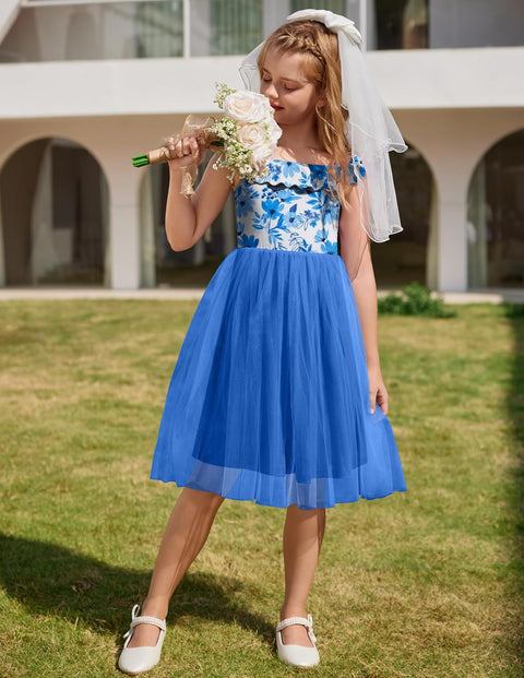 Arshiner Girls Dresses Square Neck Ruffle Sleeve Tulle Dress 6-14 Years