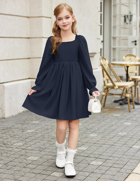 Arshiner Girls Long Sleeve Smocked Skater Elegant Dress with Pockets
