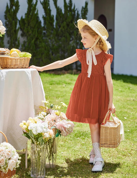 【2-8Y】Arshiner Toddler Lace Tutu Dresses Ruffle Sleeve 3 Layers Tulle Flower Dress