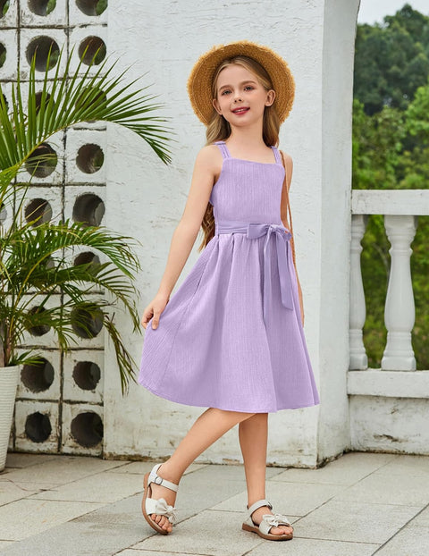 Arshiner Girls Cami Sleeveless Bow Tie Casual Sundress with Pockets for 5-12Y