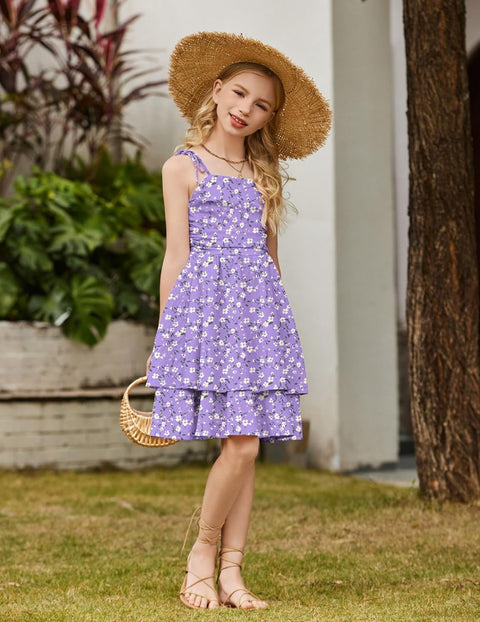 Arshiner Girls Dresses Flowy Tiered Ruched Smocked Back Midi Sundress