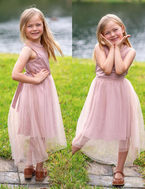 Arshiner Girls Dresses Formal Party Tulle Contrast Mesh Dress with Belt