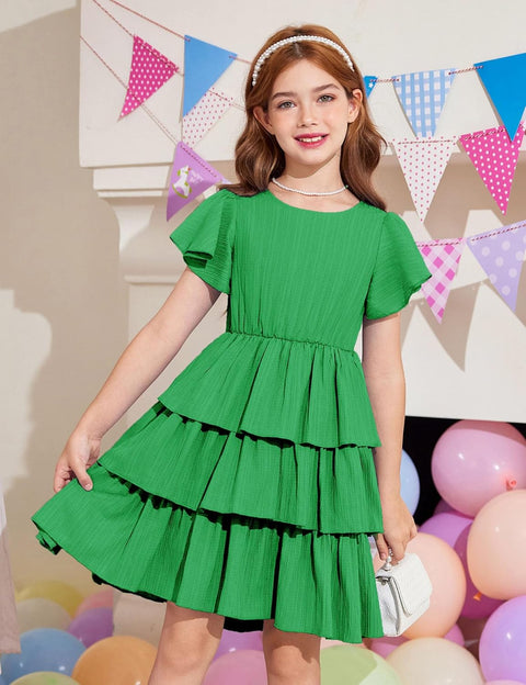 Arshiner Girls Dresses Elegant Ruffle Short Sleeve Back Tie Tiered Dresses