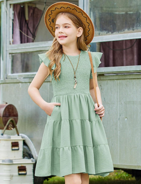 Arshiner Girls Dress Ruffle Sleeve Smocked Tiered Sundress