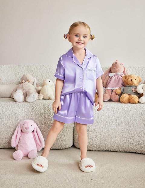 Arshiner Girls Pajamas Silk Satin Pajama Sleepwear Button Down Pj Set