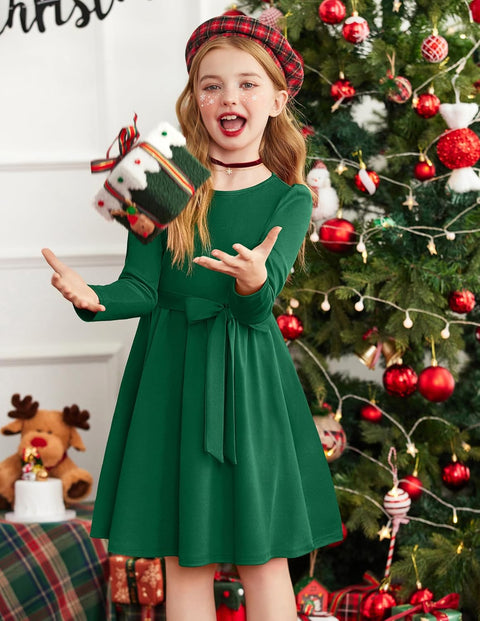 Arshiner Girls Dresses Puff Long Sleeve Formal Belted Dress