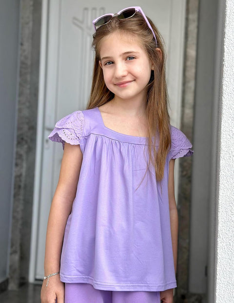Arshiner Girls Shirts Short Sleeve Square Neck Lace Pleated Tops Blouse Tunic