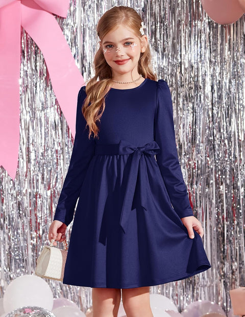 Arshiner Girls Dresses Puff Long Sleeve Formal Belted Dress