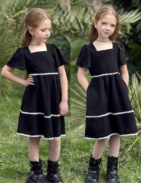 Arshiner Girls Dress Flutter RIC Rac Tiered Short Sleeve Dresses with Pockets