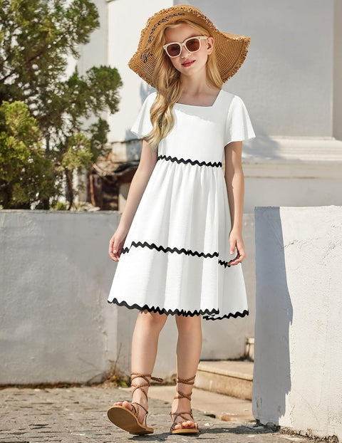 Arshiner Girls Dress Flutter RIC Rac Tiered Short Sleeve Dresses with Pockets