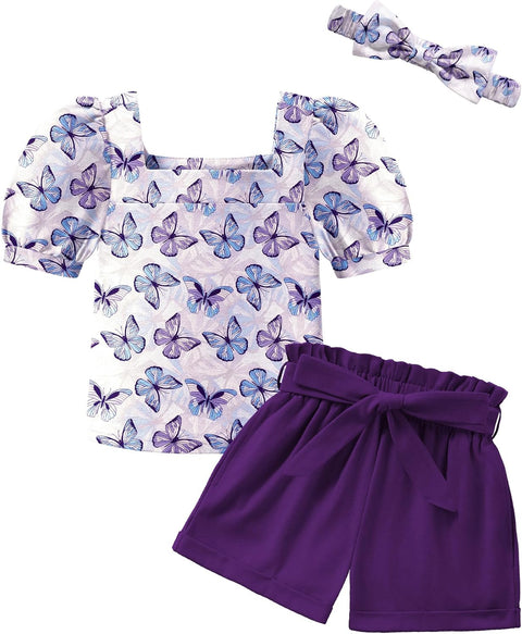 【 2-8Y】Arshiner Toddler Girl Puff Sleeve Tops + Shorts + Headband 3pcs Sets