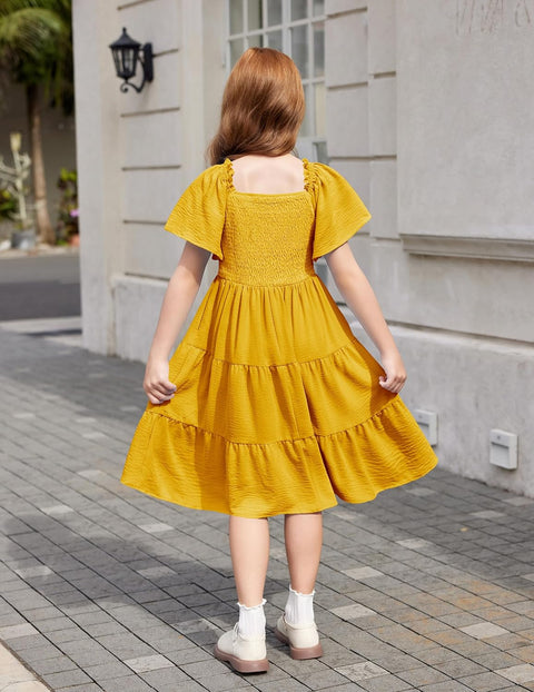 Arshiner Girls Dress Boho Smocked Swing Flowy Ruffle Midi Dresses