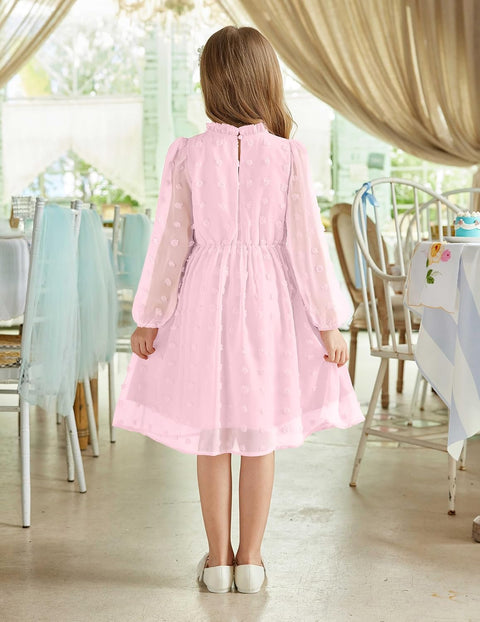 Arshiner Girls Dress Long Sleeve Swiss Dot Ruffle Collar Flowy A-Line Party Dress for Kids 5-13Y