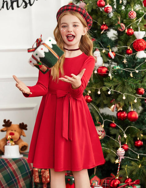 Arshiner Girls Dresses Puff Long Sleeve Formal Belted Dress