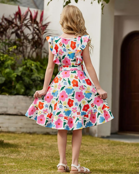 Arshiner Girls Belted Pockets Flutter Sleeve A-line Dresses