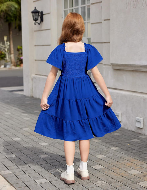 Arshiner Girls Dress Boho Smocked Swing Flowy Ruffle Midi Dresses